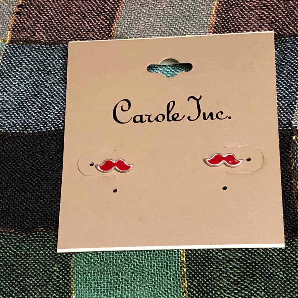 Cute red enamel mustache silver tone post earrings